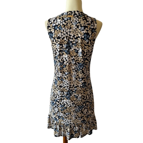 MICHAEL KORS DRESS TIE NECK JERSEY STRETCH BLACK WHITE DITZY FLORAL RUFFLE XS - Picture 5 of 12